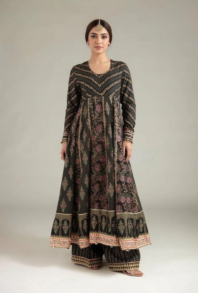 Black Floral Printed Anarkali Kurta with Matching Wide-leg Pants / Palazzo Set