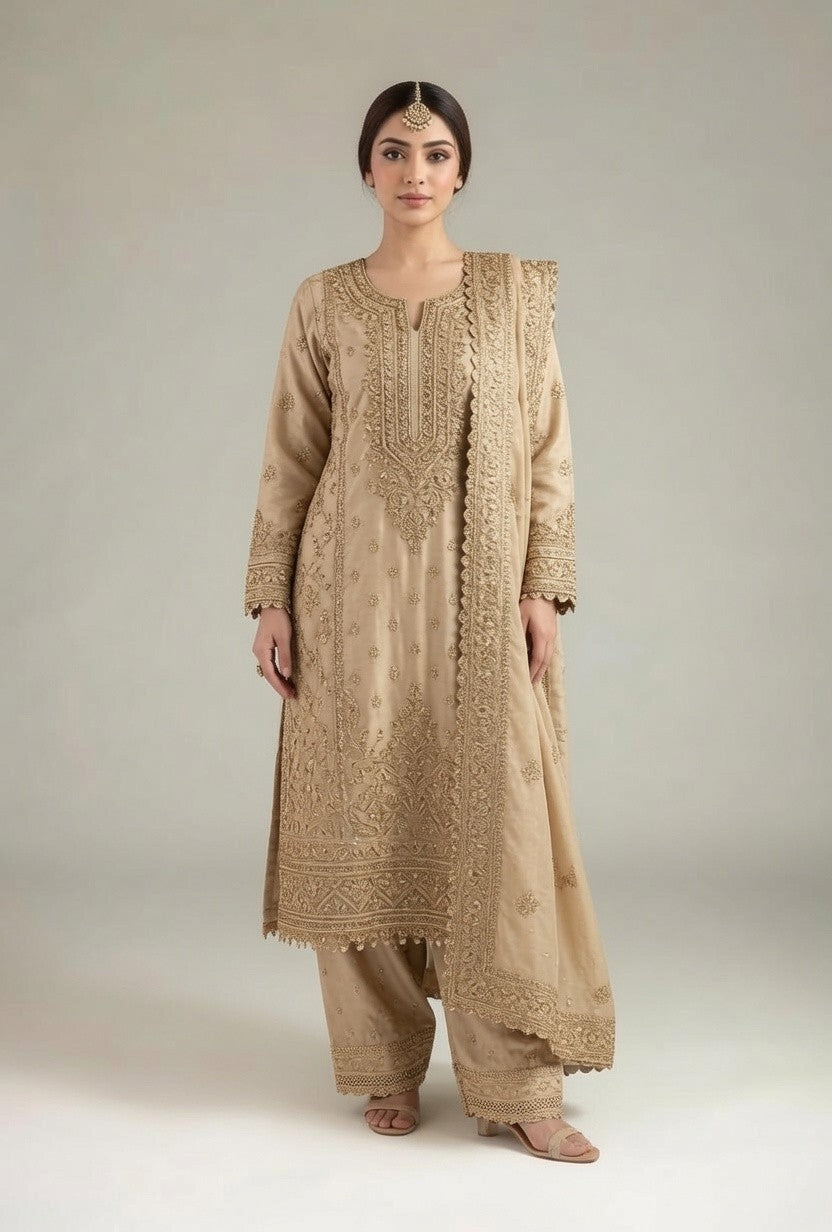 Beige Gold Embroidered Kurta with Matching Palazzo Pants & Dupatta