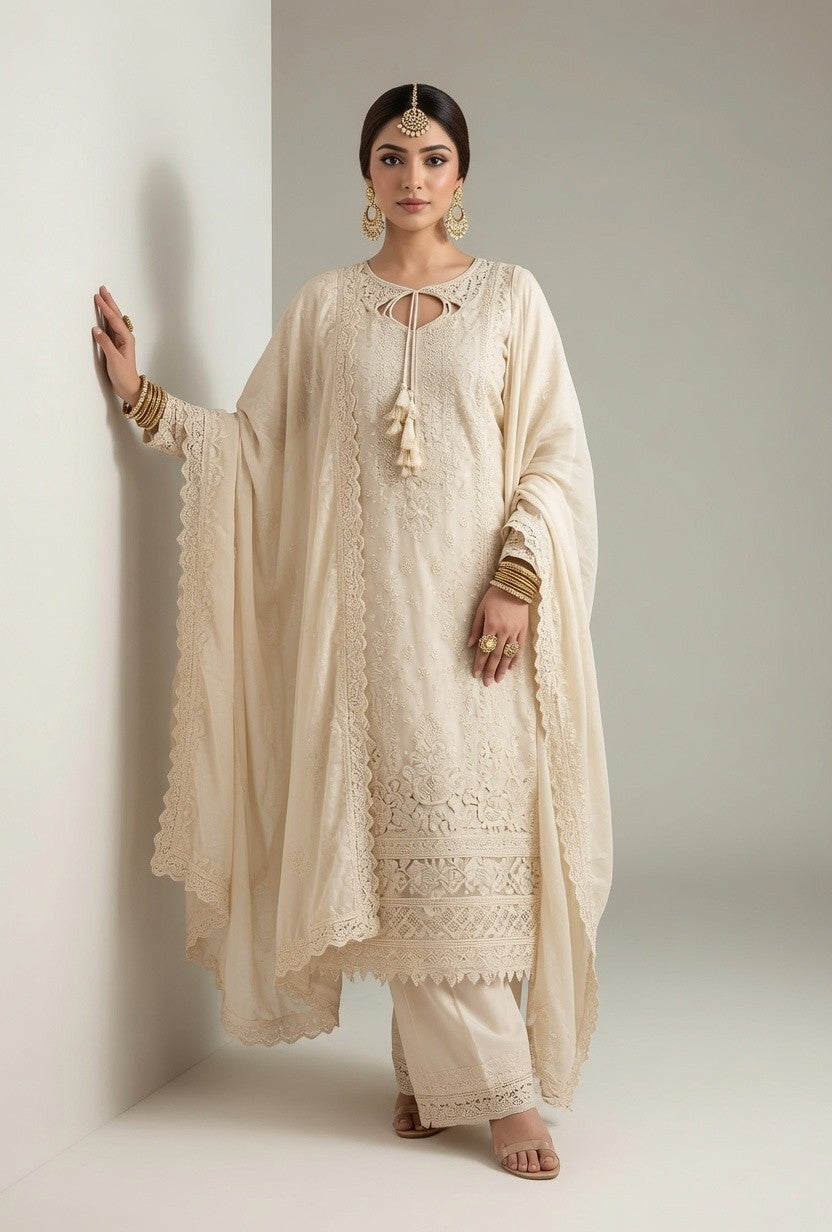 Cream Embroidered Kurta with Matching Pants & Heavy Lace Dupatta
