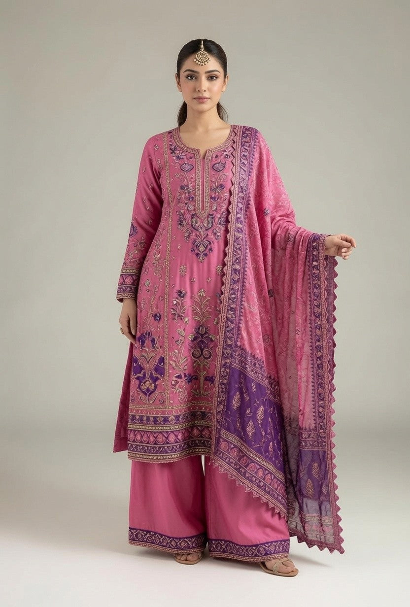 Pink Purple Multicolour Embroidered Kurta with Matching Palazzo Pants & Dupatta