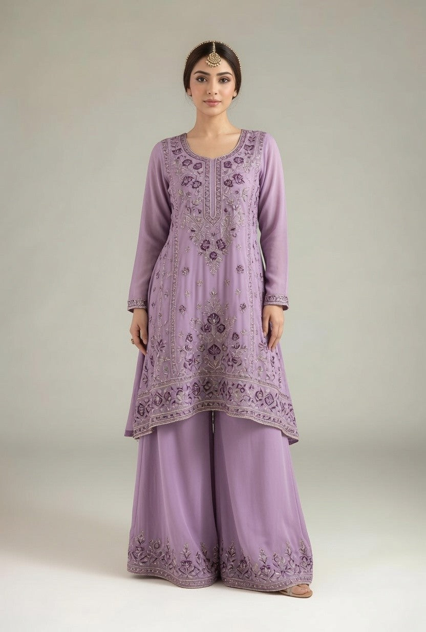 Lavender Purple Embroidered Kurta with Matching Palazzo Pants