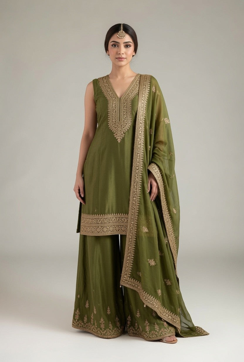 Olive Green Gold Embroidered Sleeveless Kurta with Matching Palazzo Pants & Dupatta