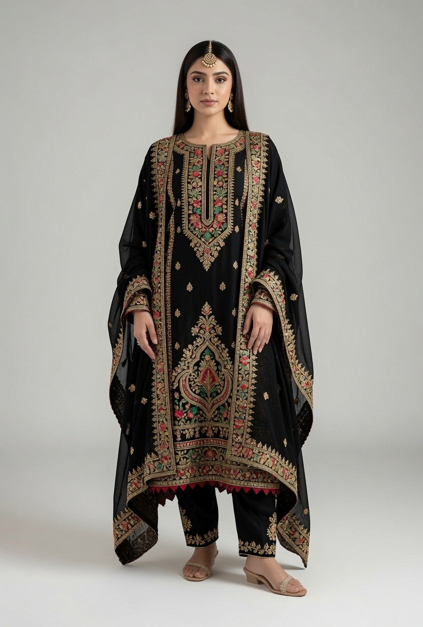 Black Multicolour Floral Embroidered Kurta with Matching Pants & Dupatta