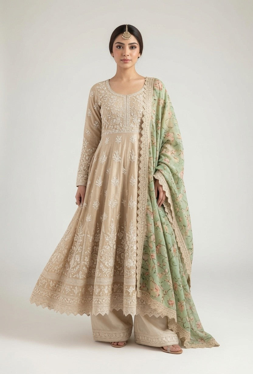 Beige White Embroidered Anarkali with Matching Pants & Light Green Floral Dupatta