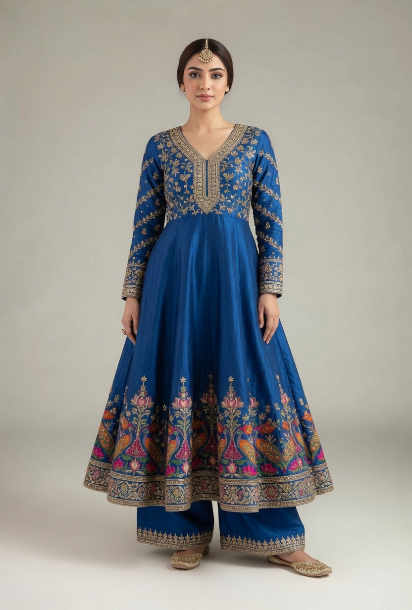 Royal Blue Multicolour Peacock Embroidered Anarkali with Matching Pants