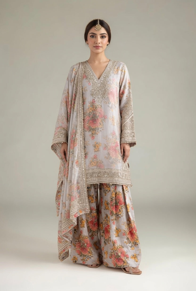 Pastel Grey Floral Printed Embroidered Kurta with Matching Palazzo Pants & Dupatta