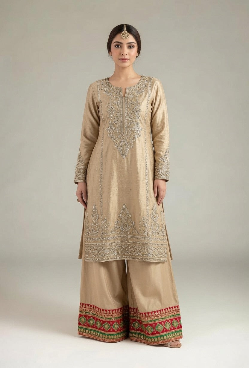 Beige Silk Embroidered Long Kurta with Matching Palazzo Pants (Red-Green Border)