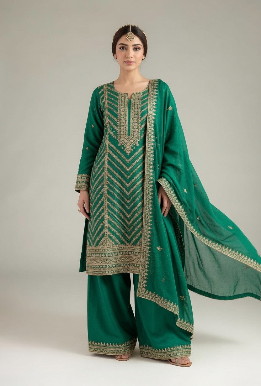 Emerald Green Gold Embroidered Kurta with Palazzo Pants & Dupatta