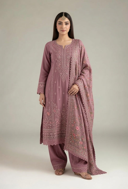 Dusty Pink Embroidered Kurta with Matching Pants & Floral Dupatta Full Description