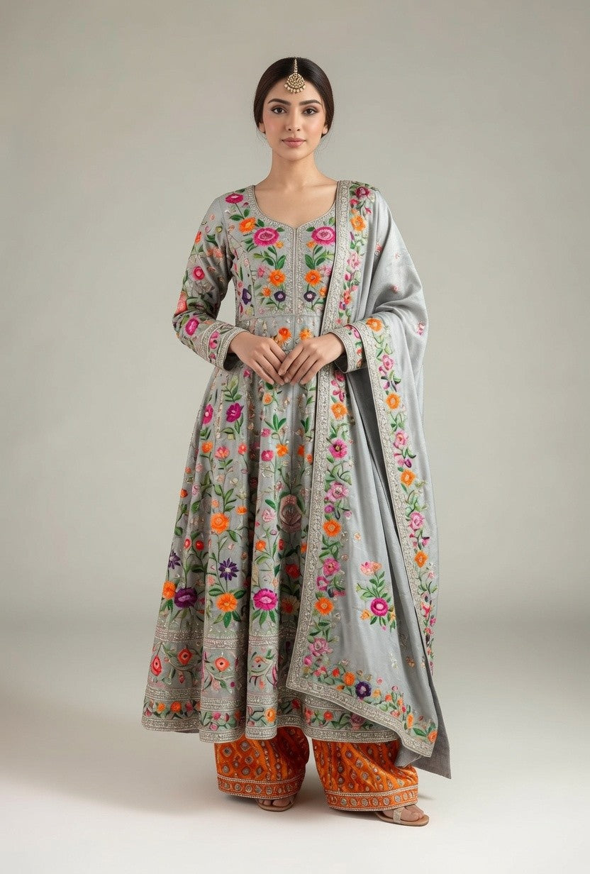 Grey Multicolour Floral Embroidered Anarkali Suit with Matching Dupatta & Orange Palazzo/Sharara Pants