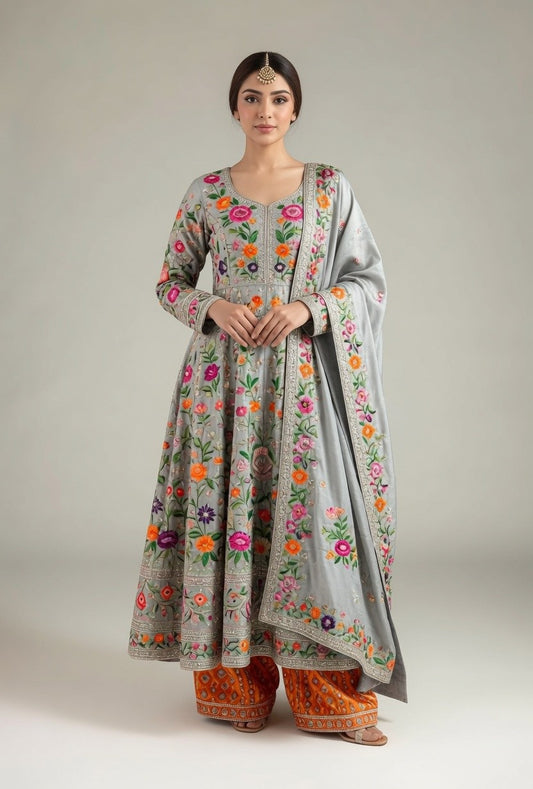 Grey Multicolour Floral Embroidered Anarkali Suit with Matching Dupatta & Orange Palazzo/Sharara Pants