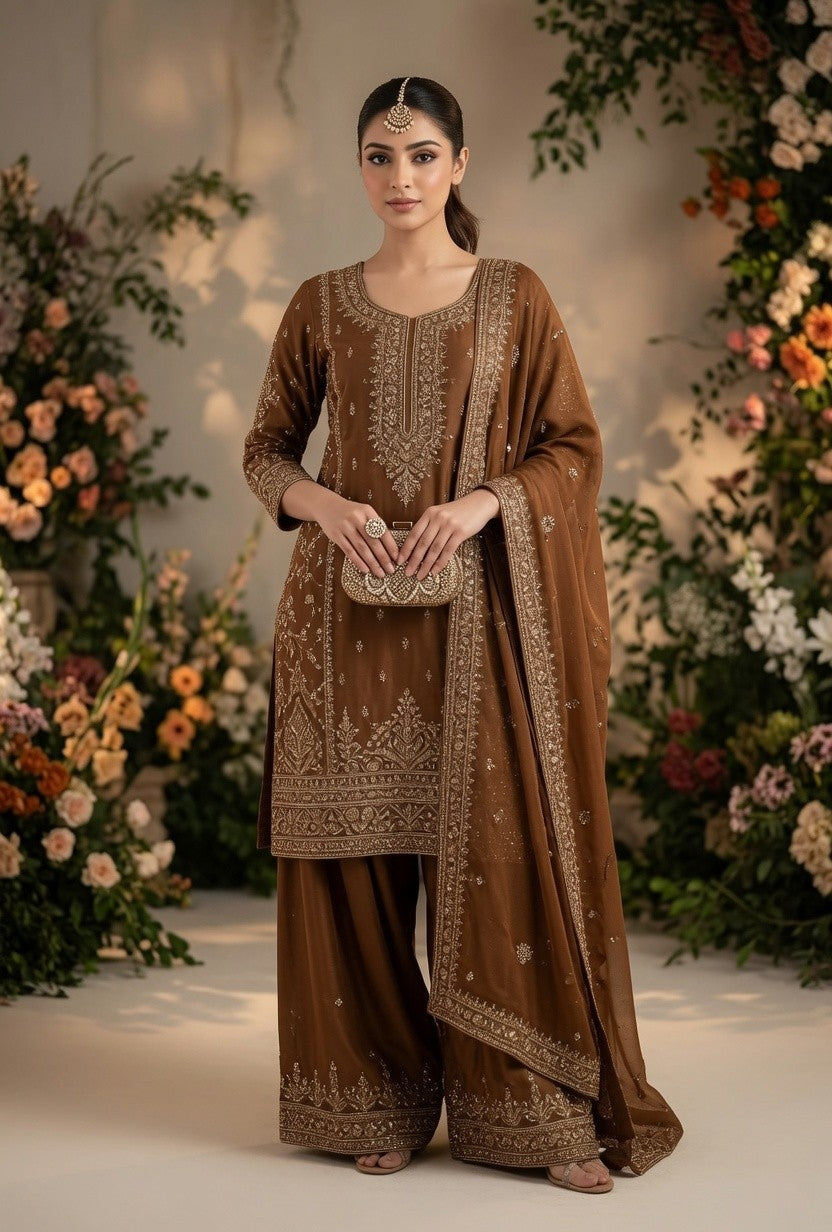 Brown Gold Embroidered Kurta with Matching Palazzo Pants & Dupatta