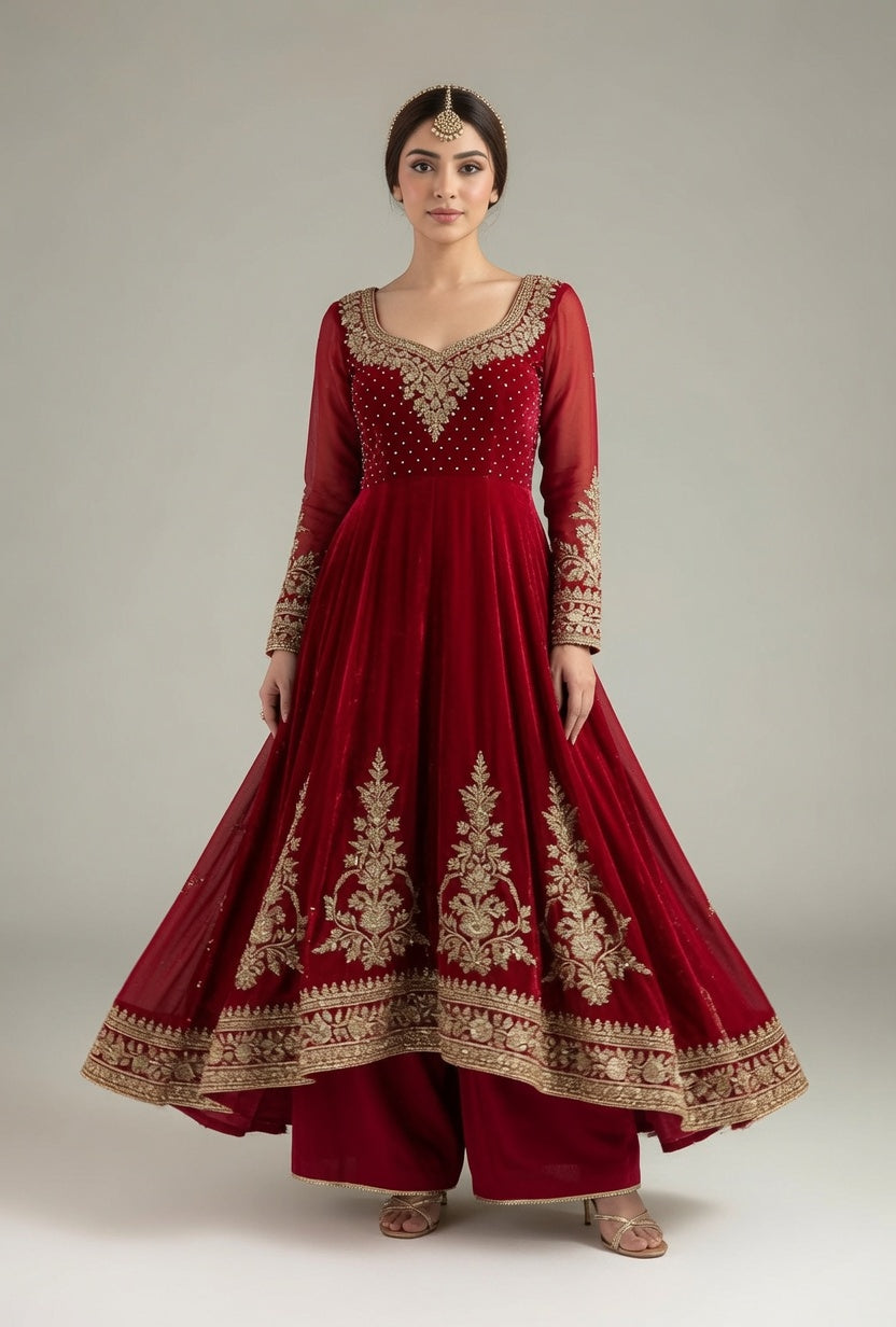 Deep Red Velvet Gold Embroidered Anarkali with Matching Pants