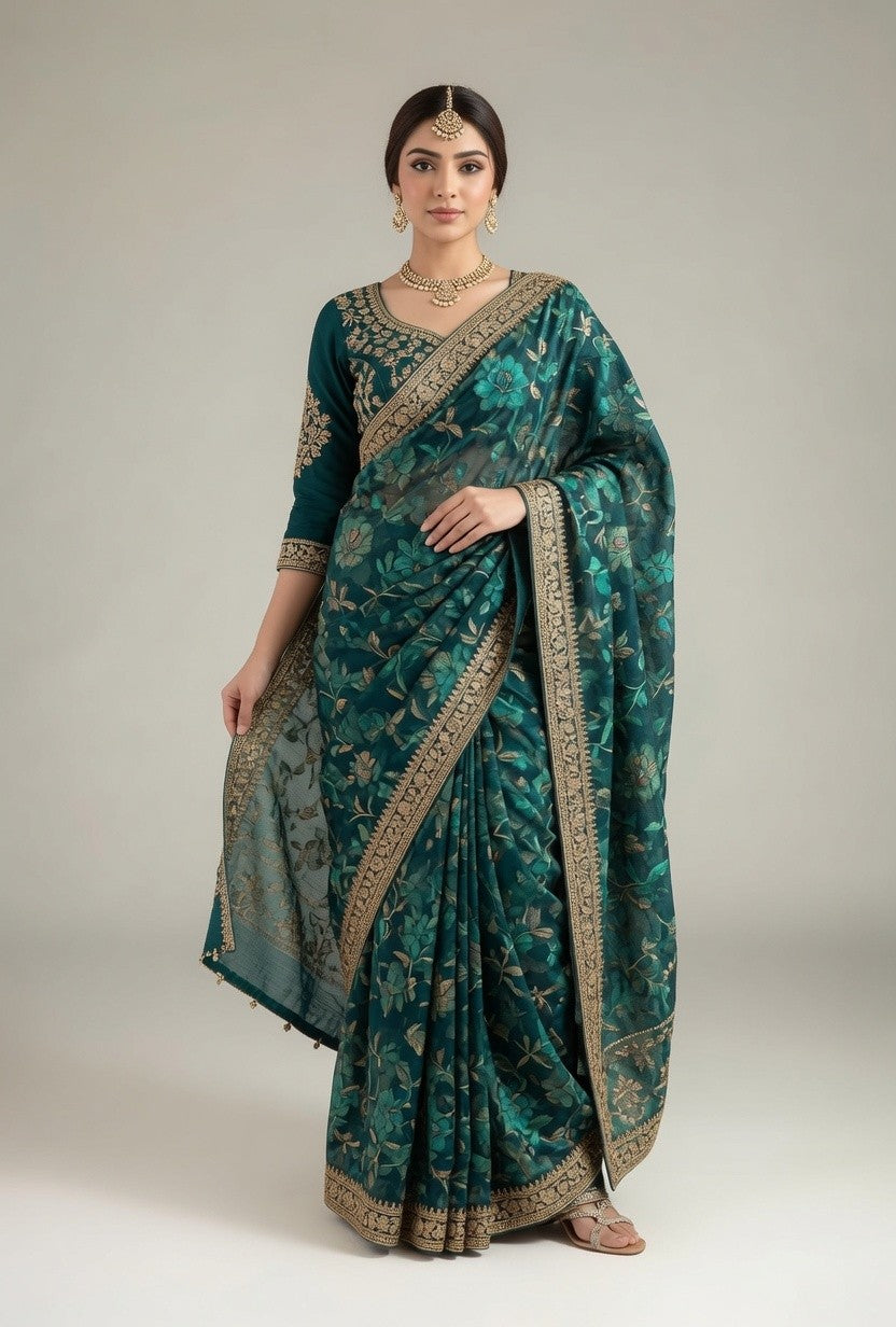 Teal Green Floral Embroidered Saree with Gold Border & Matching Blouse