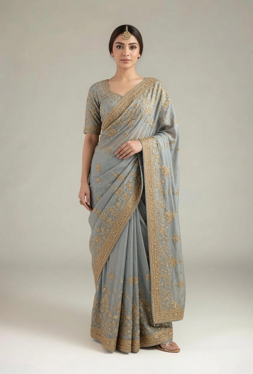 Silver Grey Gold Embroidered Saree with Matching Blouse