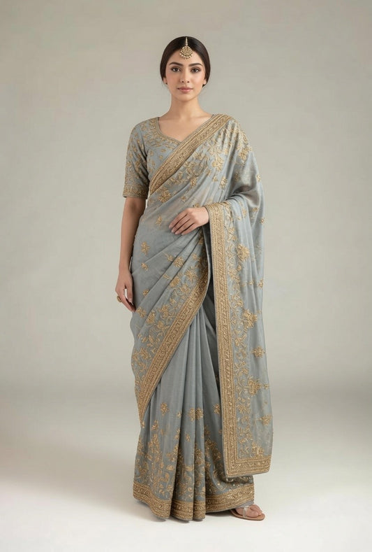 Silver Grey Gold Embroidered Saree with Matching Blouse