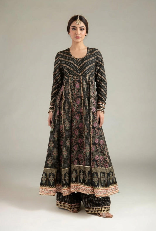 Black Floral Printed Anarkali Kurta with Matching Palazzo Pants