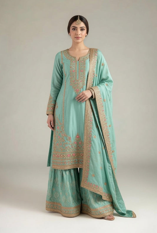 Mint Green Gold Embroidered Kurta with Matching Palazzo Pants & Dupatta