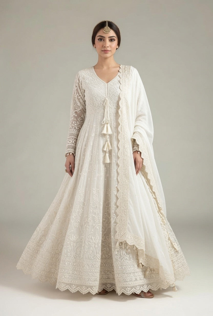 Ivory White Embroidered Anarkali with Matching Dupatta