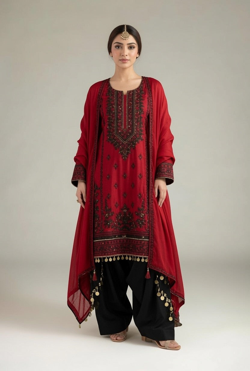 Red Black Embroidered Kurta with Black Palazzo Pants & Red Dupatta