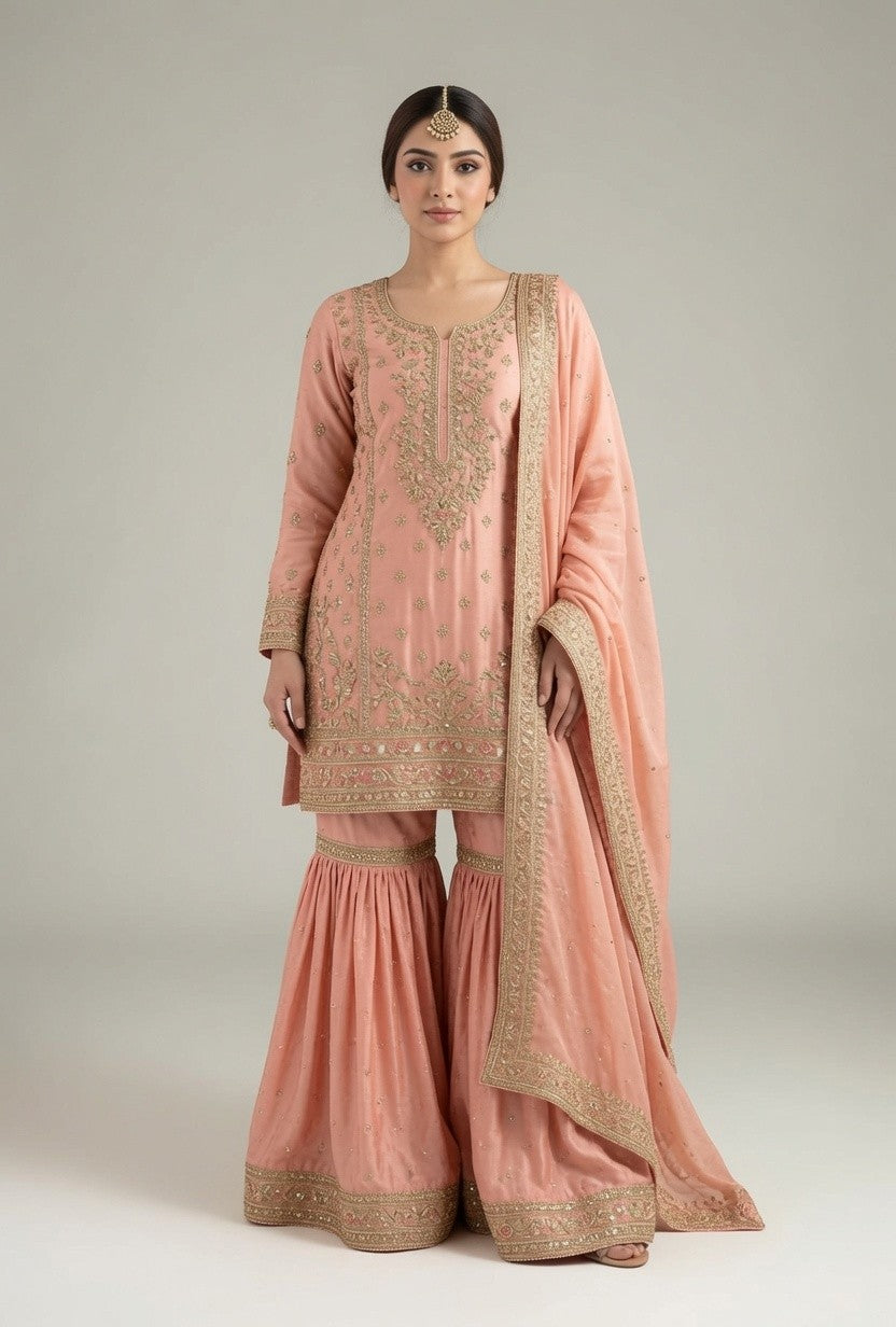 Peach Gold Embroidered Kurta with Flared Gharara / Sharara Pants & Matching Dupatta