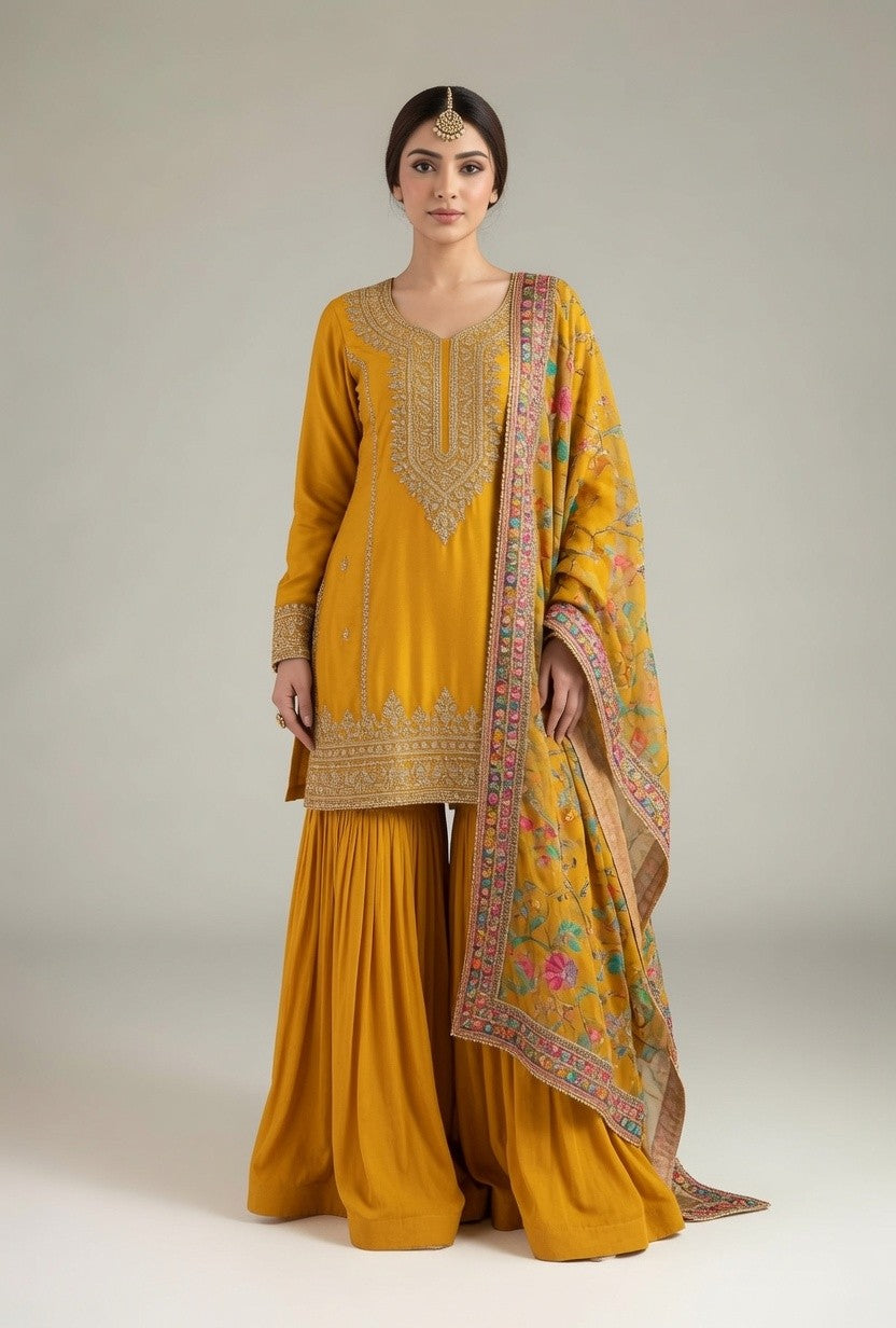 Mustard Yellow Gold Embroidered Kurta with Flared Gharara & Multicolour Dupatta