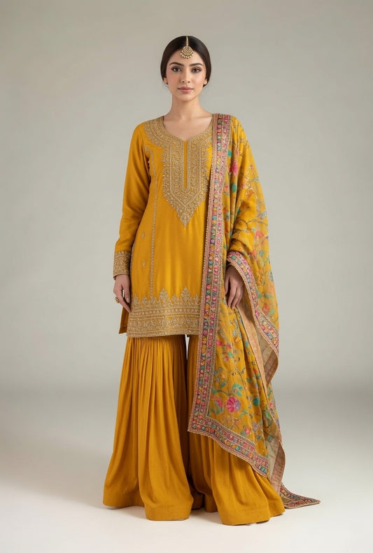 Mustard Yellow Gold Embroidered Kurta with Flared Gharara & Multicolour Dupatta