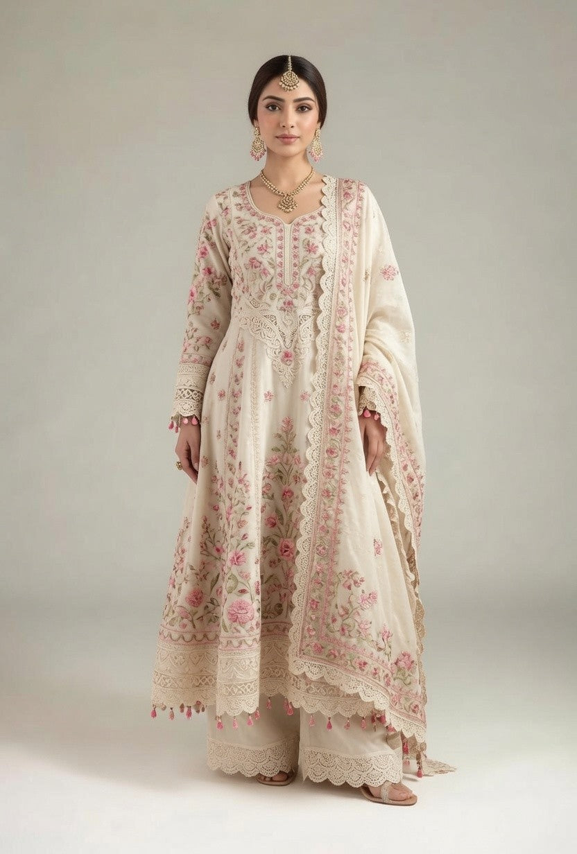 Cream Pink Floral Embroidered Anarkali with Matching Pants & Dupatta
