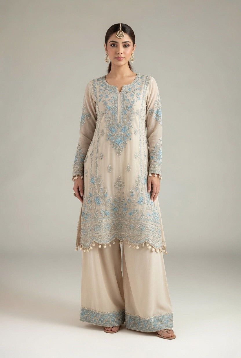 Beige Blue Embroidered Kurta with Matching Palazzo Pants