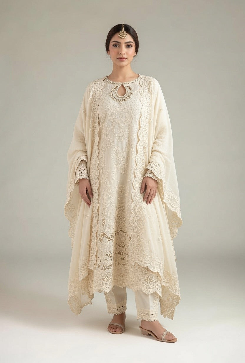 Cream Heavy Lace & Cutwork Embroidered Kurta with Matching Pants & Dupatta