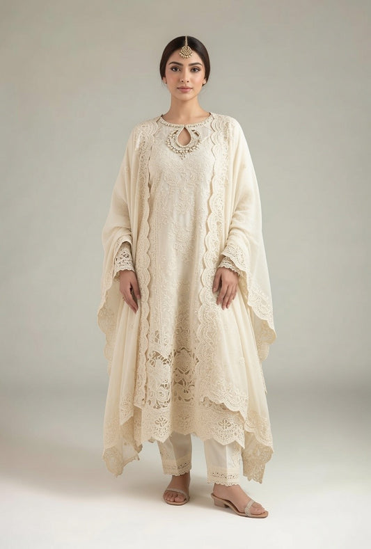 Cream Heavy Lace & Cutwork Embroidered Kurta with Matching Pants & Dupatta