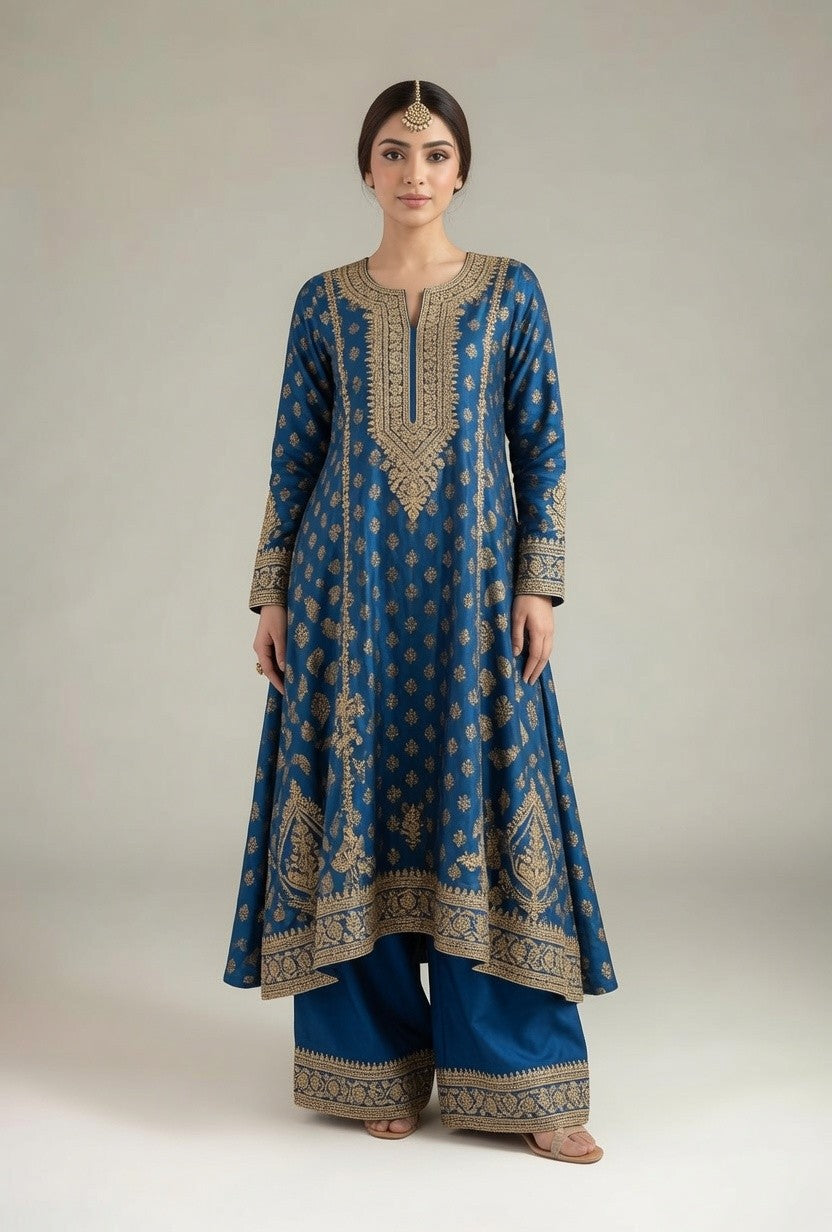 Royal Blue Gold Embroidered Kurta with Matching Palazzo Pants
