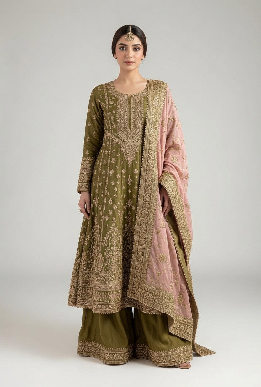 Olive Green Gold Embroidered Kurta with Matching Palazzo Pants & Pink Dupatta