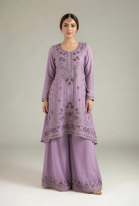 Lavender Purple Embroidered Kurta with Matching Palazzo Pants