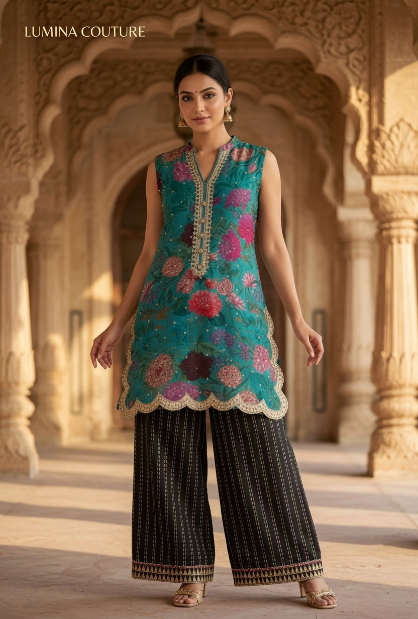 Teal Multicolour Floral Embroidered Sleeveless Kurta with Black Palazzo Pants
