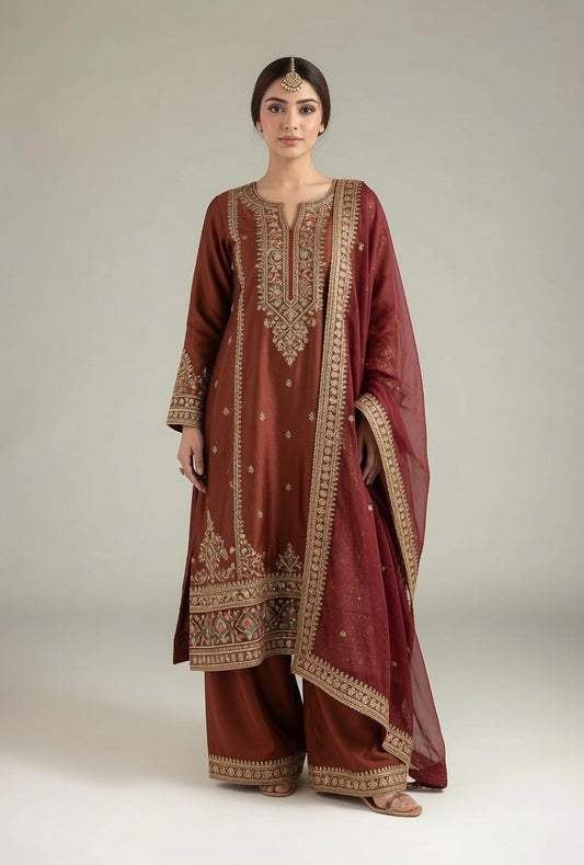 Rust Brown Gold Embroidered Kurta with Matching Palazzo Pants & Maroon Dupatta