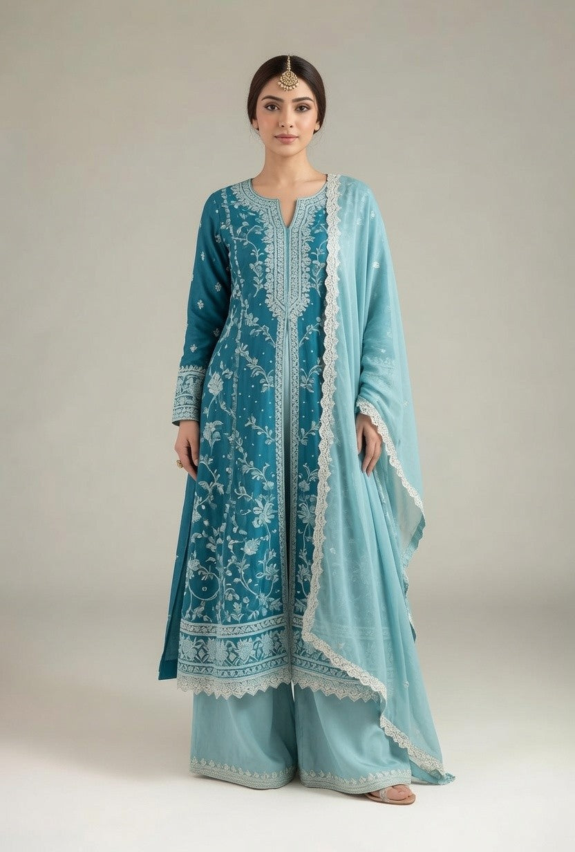 Teal Blue White Embroidered Kurta with Matching Palazzo Pants & Light Blue Dupatta
