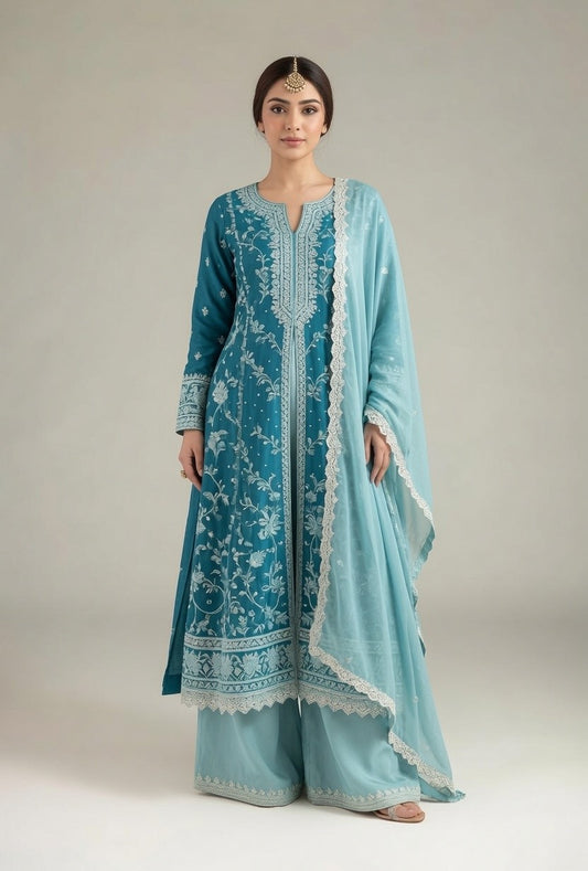 Teal Blue White Embroidered Kurta with Matching Palazzo Pants & Light Blue Dupatta