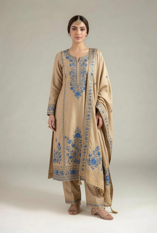 Beige Blue Floral Embroidered Kurta with Matching Pants & Dupatta