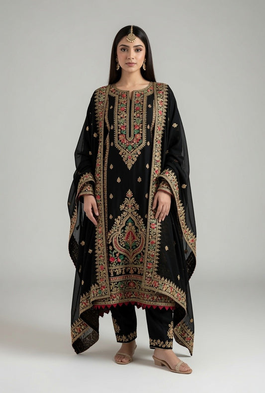 Black Multicolour Floral Embroidered Kurta with Matching Pants & Dupatta