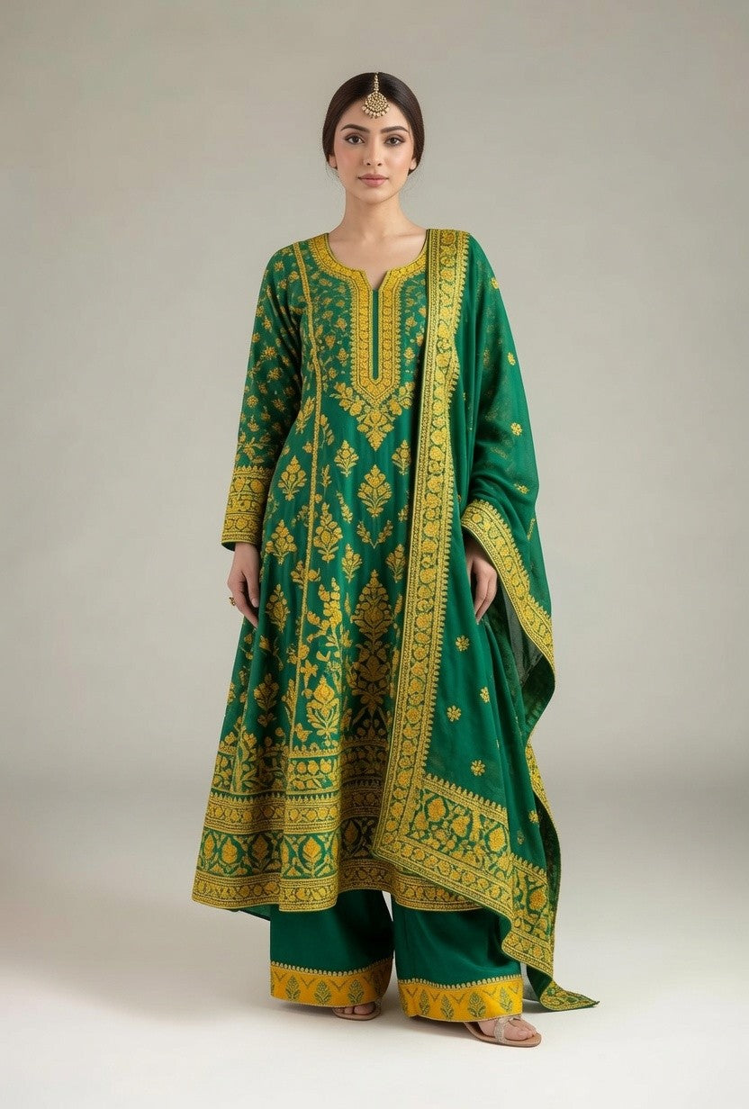 Emerald Green Gold Embroidered Kurta with Matching Palazzo Pants & Dupatta