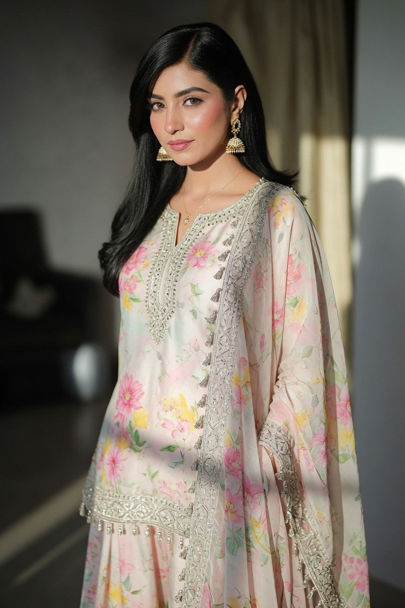 Pastel Pink Multicolour Floral Printed & Embroidered Kurta with Matching Dupatta